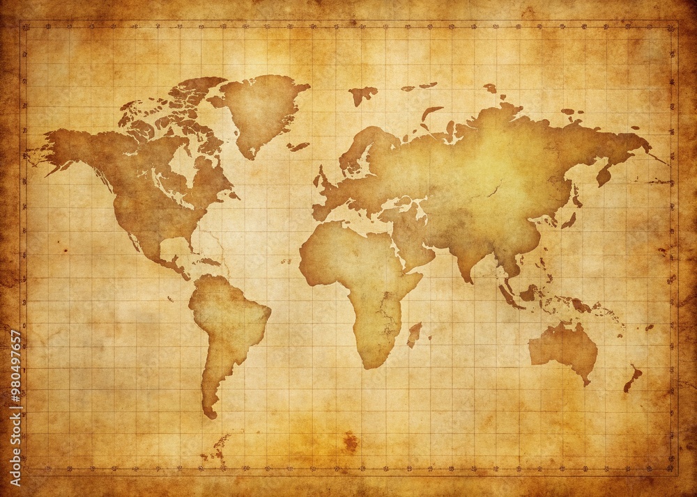 Fototapeta premium Vintage distressed map on faded paper with worn edges and yellowed tones, featuring a blank area for text or annotation, evoking a sense of adventure and nostalgia.