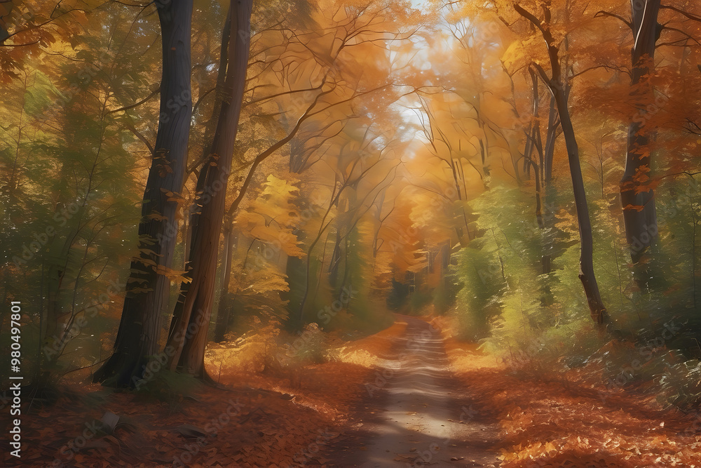 Obraz premium Vibrant Autumn Forest: A vast forest alive with the colors of fall—golden yellows, fiery reds, and burnt oranges. 
