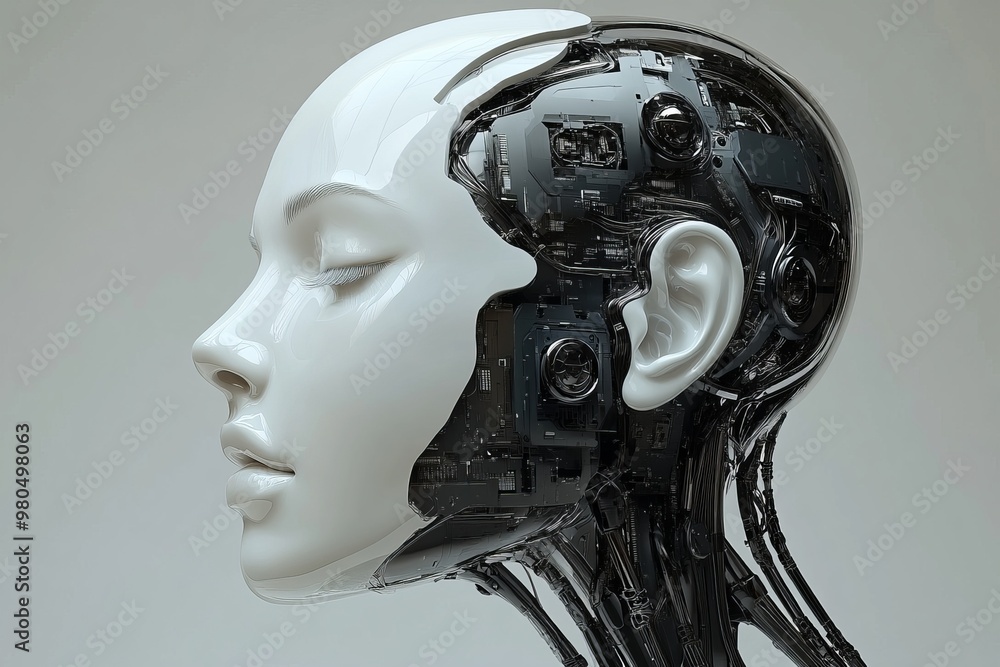Profile of white robotic head with mechanical details symbolizing advanced cybernetics and human like AI driven robotics Profile of white robotic head with mechanical details symbolizing advanced cybernetics and human like AI driven robotics
