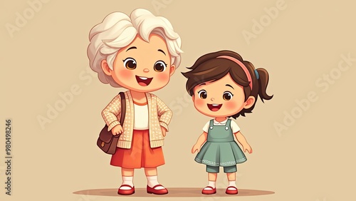 cartoon happy grandmother and granddaughter on a plain beige background. happy elderly day