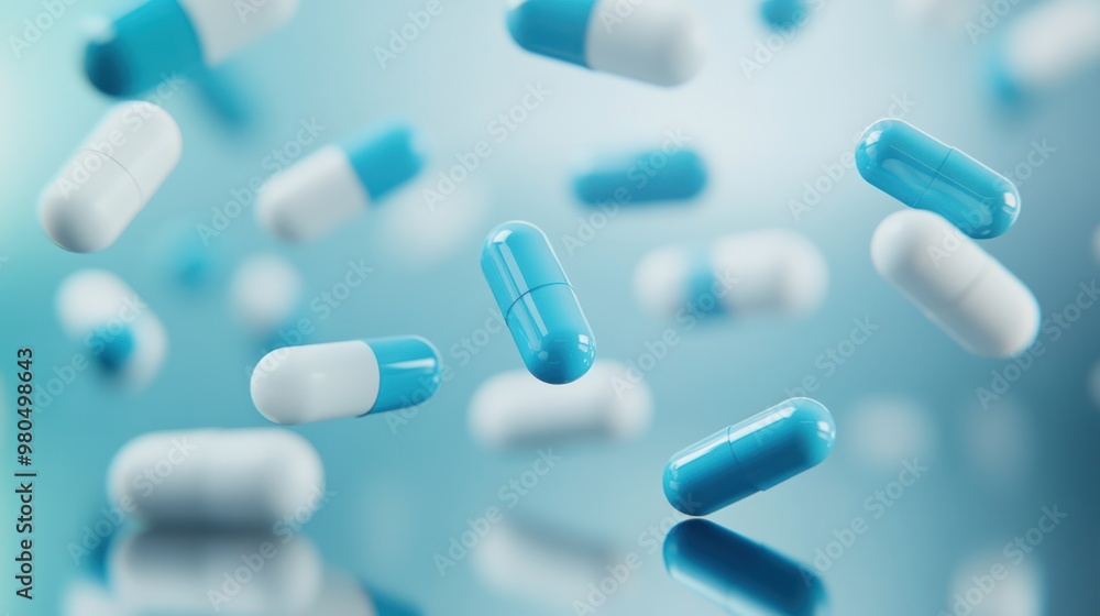 Multiple antibiotic pill capsules in various shades of blue and white falling through the air, with a subtle reflection beneath them on a clean surface, Multiple antibiotic pill capsules in various shades of blue and white falling through the air, with a subtle reflection beneath them on a clean surface,