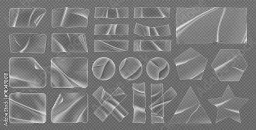 Transparent adhesive plastic tape, sticker label 3d mockup or crumpled sticky glue paper strip set with curled corner and wrinkle effect. Clear cellophane sticker or torn pvc tape with overlay texture