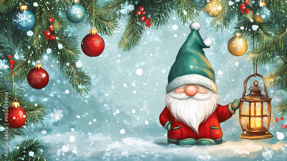 Christmas Card with Gnomes in winter scene with christmas tree, Lantern and bells, generated ai Christmas Card with Gnomes in winter scene with christmas tree, Lantern and bells, generated ai