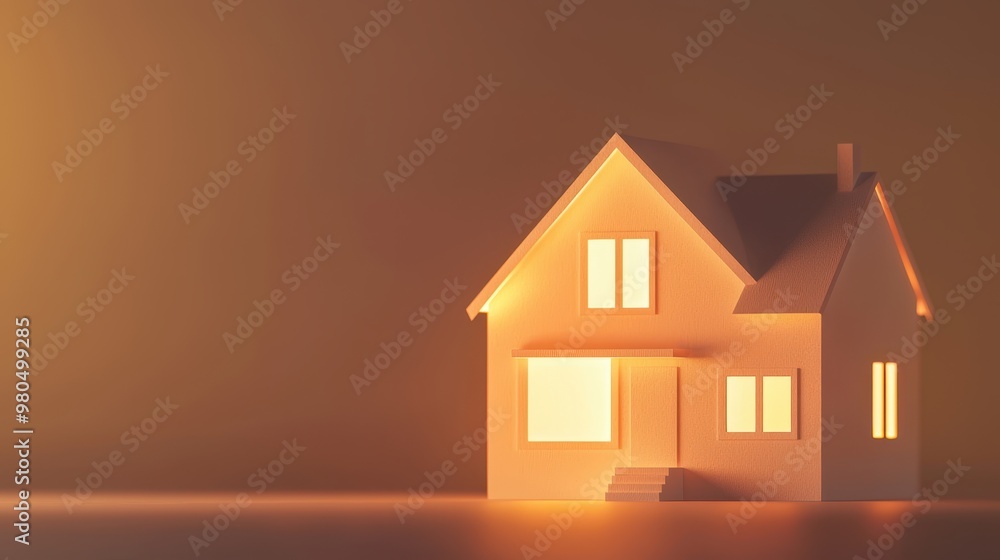 Cozy Home Concept - Minimalist White Paper House Cutout with Warm Lighting on Blank Background for Real Estate Design Ideas Cozy Home Concept - Minimalist White Paper House Cutout with Warm Lighting on Blank Background for Real Estate Design Ideas