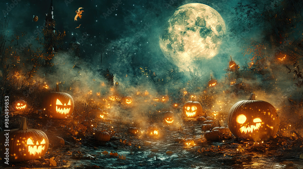 Obraz premium Spooky Halloween Pumpkin Patch Under Full Moon