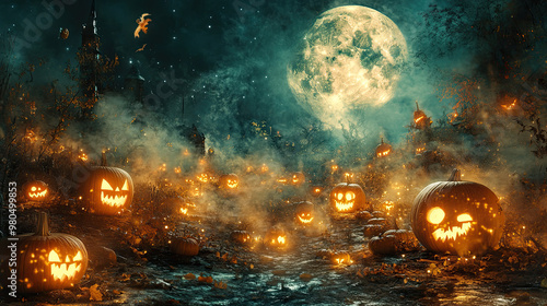 Spooky Halloween Pumpkin Patch Under Full Moon photo