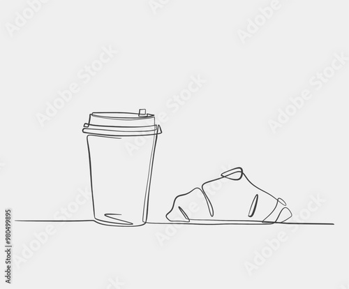 Simple one-line illustration of a takeaway coffee cup and croissant, symbolizing a casual breakfast or coffee break.