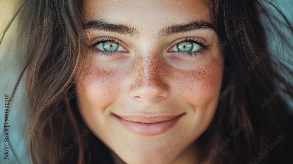photograph of A close-up portrait of a smiling brunette woman with beautiful eyes photograph of A close-up portrait of a smiling brunette woman with beautiful eyes