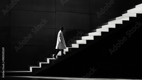 Side View of a Doctor Hiking Upstairs in Cinematic Contrast Lighting, Set Against a Surrealist Black Background Using Cinestill 800T Style