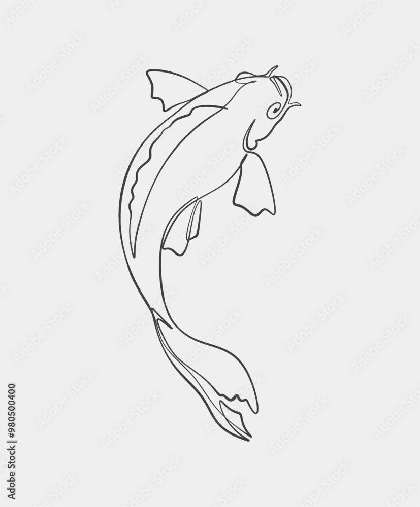 Obraz premium A simple, elegant line drawing of a koi fish, featuring minimalistic design elements and fluid curves on a white background.