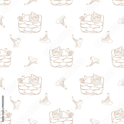 autumn pattern with chanterelles and basket of mushrooms, contour drawings of mushrooms on white background. Vector illustration