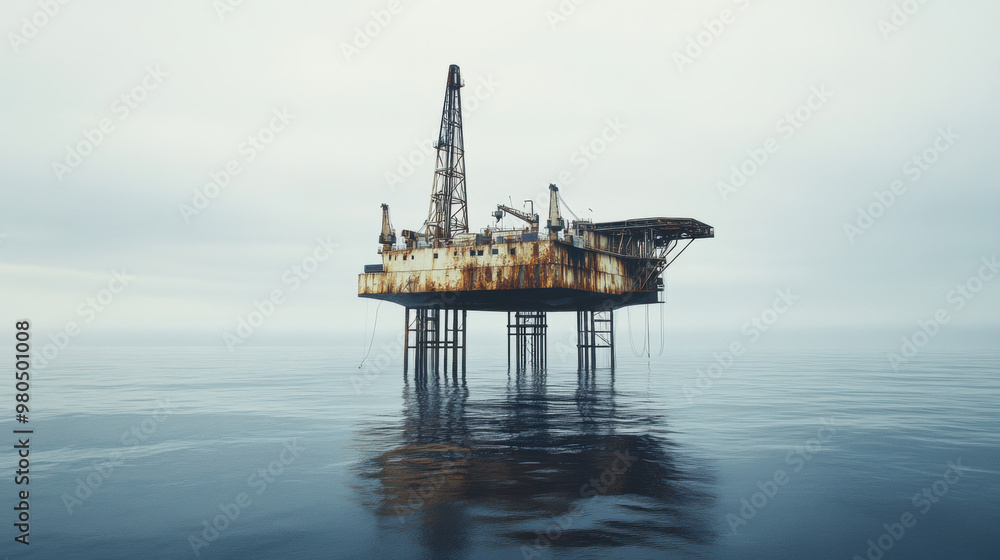 Abandoned oil rig in ocean symbolizes environmental concerns and industrial decline. Its rusted structure stands alone, reflecting on calm waters, evoking sense of isolation and change Abandoned oil rig in ocean symbolizes environmental concerns and industrial decline. Its rusted structure stands alone, reflecting on calm waters, evoking sense of isolation and change