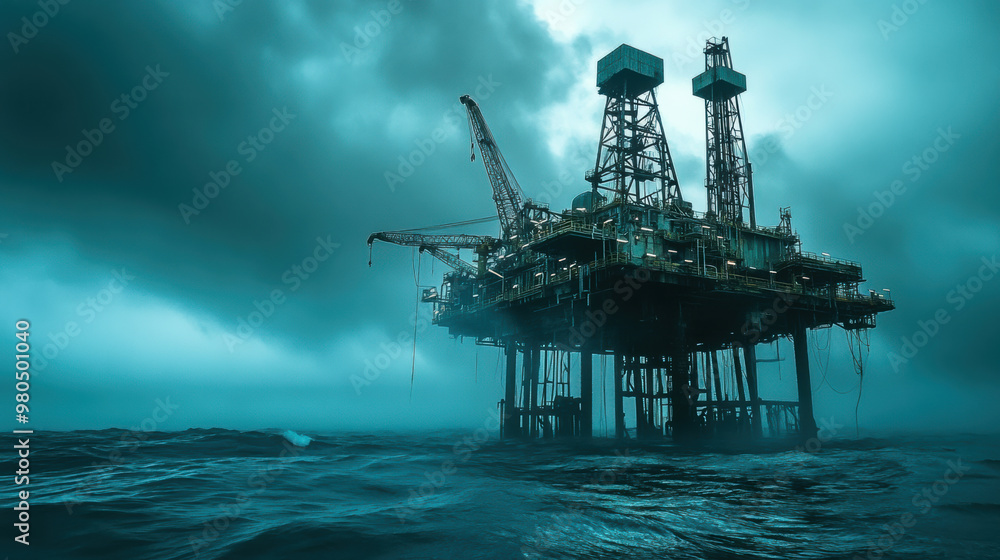 Abandoned oil rig in ocean symbolizes environmental concerns and industrial decline. ominous clouds and turbulent waters create dramatic atmosphere Abandoned oil rig in ocean symbolizes environmental concerns and industrial decline. ominous clouds and turbulent waters create dramatic atmosphere