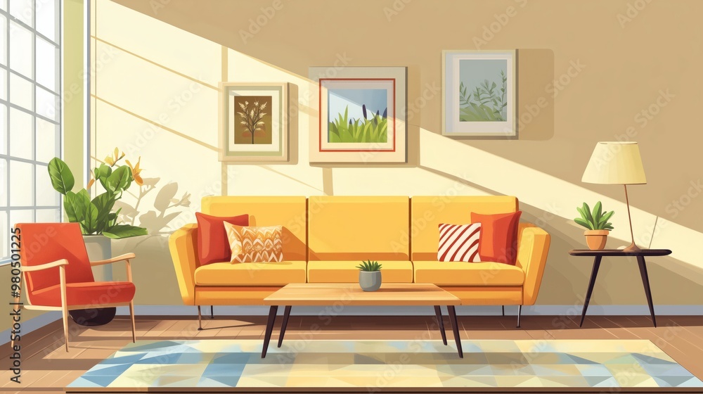 Living room and room concept with furniture decoration. Table sofa chair and home ornament decoration with window style. Living room and room concept with furniture decoration. Table sofa chair and home ornament decoration with window style.