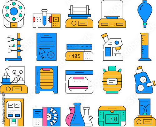 Laboratory Equipment For Analysis Icons Set Vector. Digital Scales And Microscope, Electronic Centrifuge And Heating Plate, Autoclave And Shaker Laboratory Tools Contour Illustrations