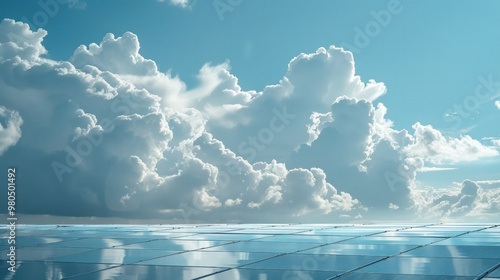 Clouds move through reflections on solar farm panels  photo