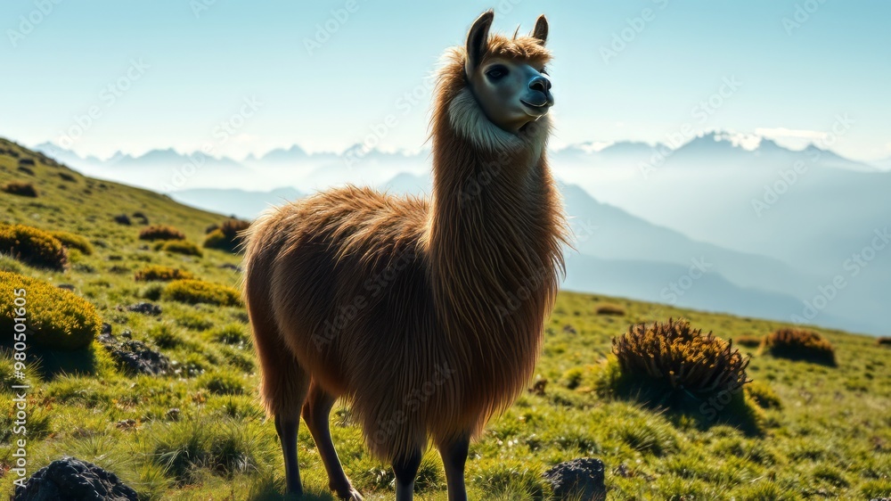 Obraz premium A majestic, fluffy-coated llama stands proudly in a lush green meadow, its elegant neck held high, with a