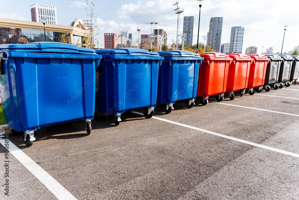 In a conveniently designed and spacious parking lot, blue and red trash cans are neatly arranged side by side to ensure easy access for users and efficient waste collection processes In a conveniently designed and spacious parking lot, blue and red trash cans are neatly arranged side by side to ensure easy access for users and efficient waste collection processes