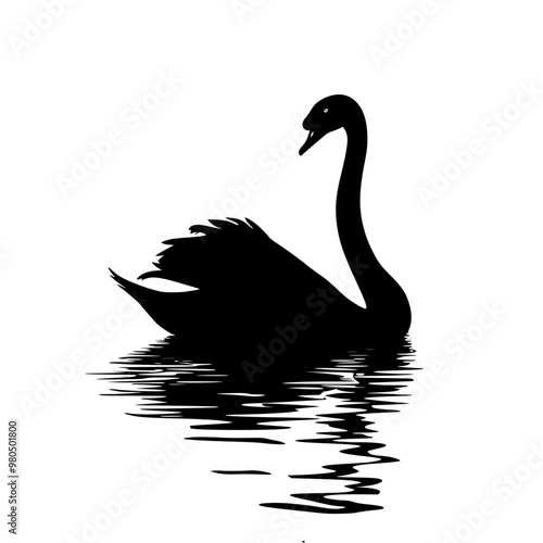 Elegant Black Swan Silhouette on Water, Silhouette of a serene black swan gliding on calm waters, evoking tranquility and grace in a minimalist design.
