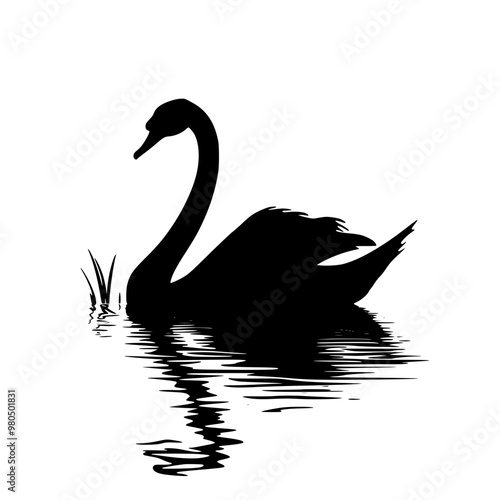 Elegant Black Swan Silhouette on Water, Silhouette of a serene black swan gliding on calm waters, evoking tranquility and grace in a minimalist design.
