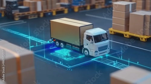 A digital rendering of a semi truck on a translucent blueprint, representing logistics and advanced warehousing technology within a futuristic inventory management system. photo