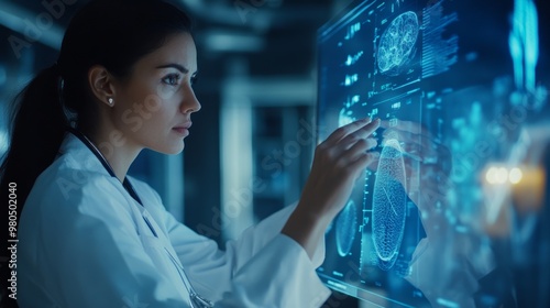 Medium shot of a female surgeon using a holographic display screen for research.