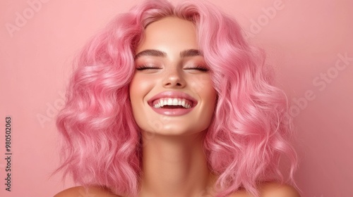 Wallpaper Mural A woman with vibrant pink hair beams with happiness, showcasing her stylish look and positivity in an inviting atmosphere Torontodigital.ca