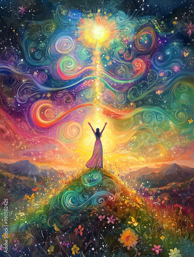 A goddess standing on a mountain top amidst grassland, with a vast wilderness stretching into the distance. She raises her hands high toward a rainbow sky with an exceptionally bright star above. 