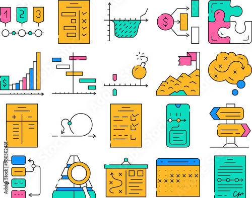 Planning Startup Project Strategy Icons Set Vector. Check List With Task And Calendar With Deadline Date For Planning Goal, Success Achievement And Financial Deposit Contour Illustrations