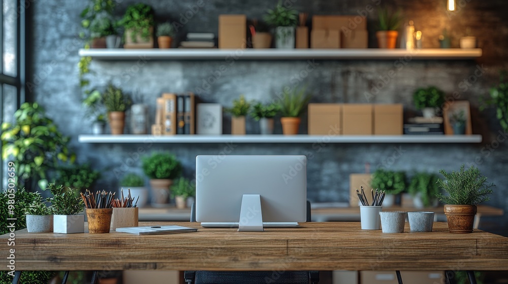 An eco-friendly office features a wooden desk with plants, organized shelves, and a large window allowing abundant natural light. An eco-friendly office features a wooden desk with plants, organized shelves, and a large window allowing abundant natural light.