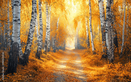 orange fall leaves in park, sunny autumn natural background 