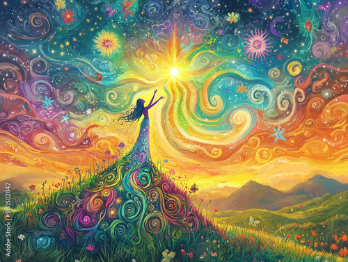 A goddess standing on a mountain top amidst grassland, with a vast wilderness stretching into the distance. She raises her hands high toward a rainbow sky with an exceptionally bright star above. 