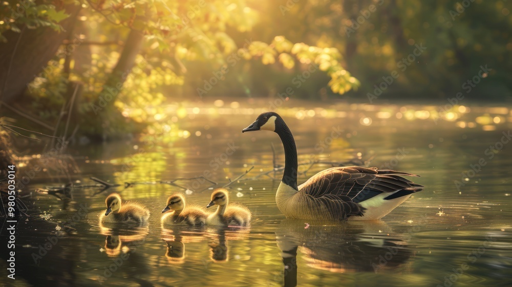 photograph of Mother goose and her babies in a beautiful lake photograph of Mother goose and her babies in a beautiful lake