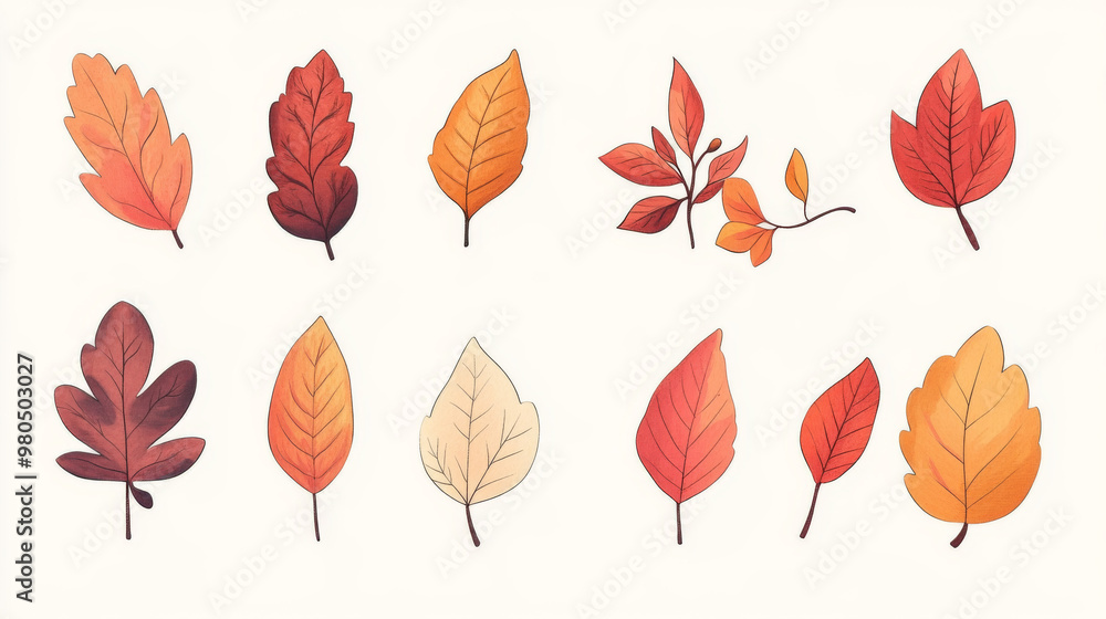 Fototapeta premium A collection of cute, hand-drawn autumn leaves. Perfect for adding a touch of fall to your designs.