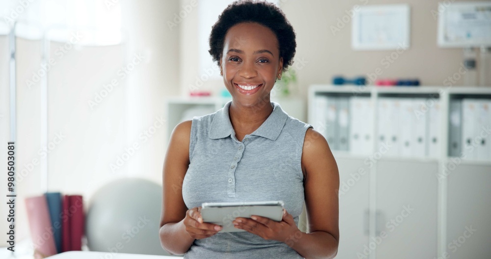 Physiotherapy, office and portrait of black woman with tablet for client, booking and appointment info. Happy, worker and physiotherapist with tech for telehealth database, update and patient records Physiotherapy, office and portrait of black woman with tablet for client, booking and appointment info. Happy, worker and physiotherapist with tech for telehealth database, update and patient records