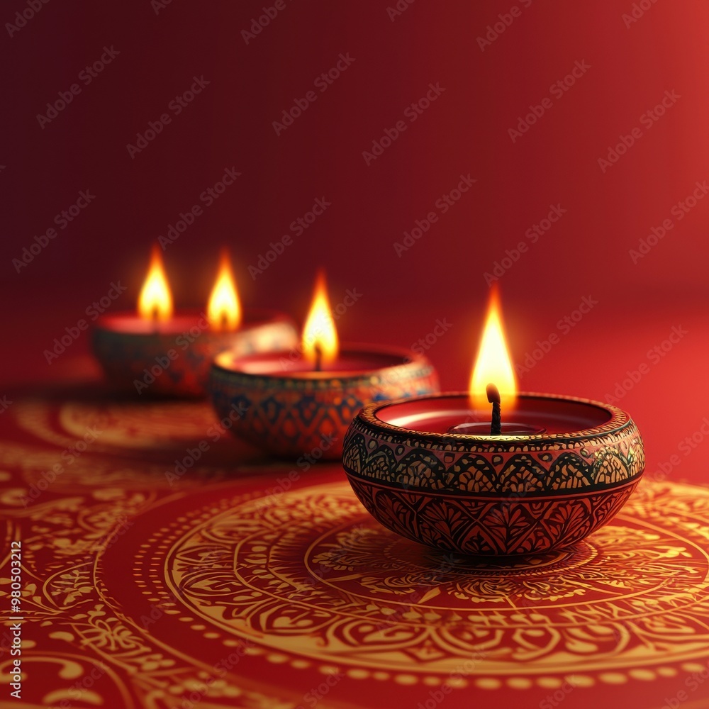 Beautifully lit traditional oil lamps on an ornate red cloth, creating a warm and festive atmosphere. Beautifully lit traditional oil lamps on an ornate red cloth, creating a warm and festive atmosphere.