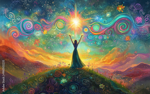 A goddess standing on a mountain top amidst grassland, with a vast wilderness stretching into the distance. She raises her hands high toward a rainbow sky with an exceptionally bright star above. 