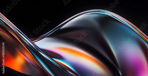 3D render Black background, gradient lines in the shape of curved edges, dark silver and light blue style, glassy texture, blurred motion effect, flowing curves,