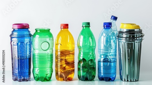 photograph of Plastic bottles full of trash cans on white background telephoto lens summer daylight cool color