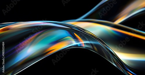 3D render Black background, gradient lines in the shape of curved edges, dark silver and light blue style, glassy texture, blurred motion effect, flowing curves,