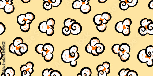 Popcorn pattern for packaging snacks. Popcorn fluffy flakes pattern. Popcorn Background pattern. doodle popcorn. popcorn seamless pattern background.	