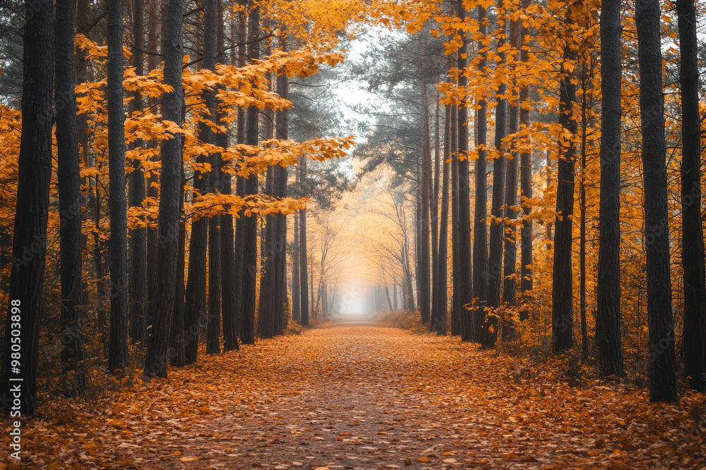 Fototapeta premium A serene forest scene with a pathway covered in fallen leaves, lined by tall trees with golden foliage, leading into the misty distance, evoking a sense of tranquility and peace