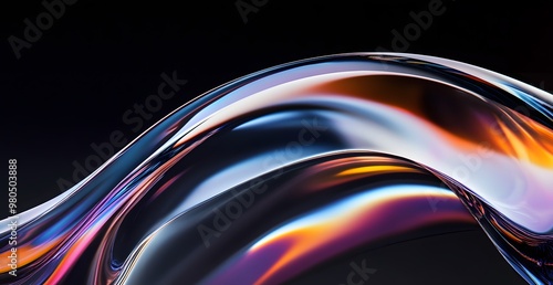 3D render Black background, gradient lines in the shape of curved edges, dark silver and light blue style, glassy texture, blurred motion effect, flowing curves,