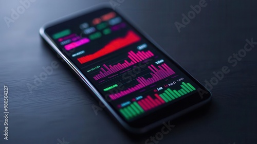 A smartphone displaying a glowing digital banking dashboard, with real-time updates on transactions and savings, efficient and modern