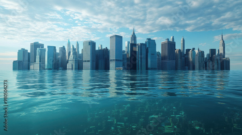 image depicts futuristic view of city skyline partially submerged in water, illustrating impact of sea level rise on coastal cities. serene yet alarming scene evokes sense of urgency regarding climat #980504273