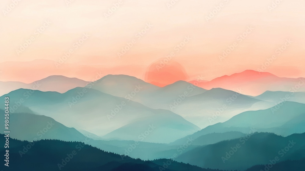 Obraz premium A tranquil landscape showcases a soft gradient of colors at dawn, with misty mountains illuminated by gentle sunlight