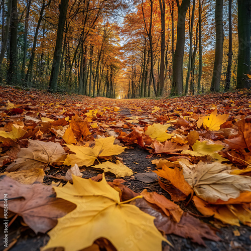 orange fall leaves in park, sunny autumn natural background 