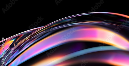 A close-up of the curved edges 3D rendered iridescent colors against a black background. The focus is on the reflective 