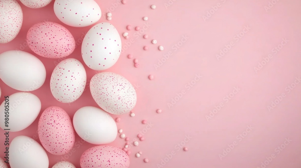 Beautiful pink and white Easter eggs arranged artfully on a subtle pink background, celebrating spring and festive traditions Beautiful pink and white Easter eggs arranged artfully on a subtle pink background, celebrating spring and festive traditions