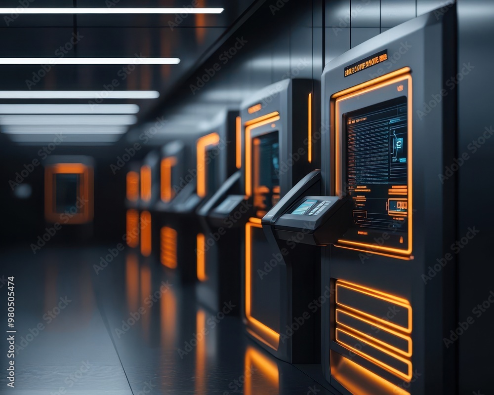 A futuristic bank with glowing holographic ATMs, clients making fast, efficient digital transactions in a sleek, modern environment A futuristic bank with glowing holographic ATMs, clients making fast, efficient digital transactions in a sleek, modern environment
